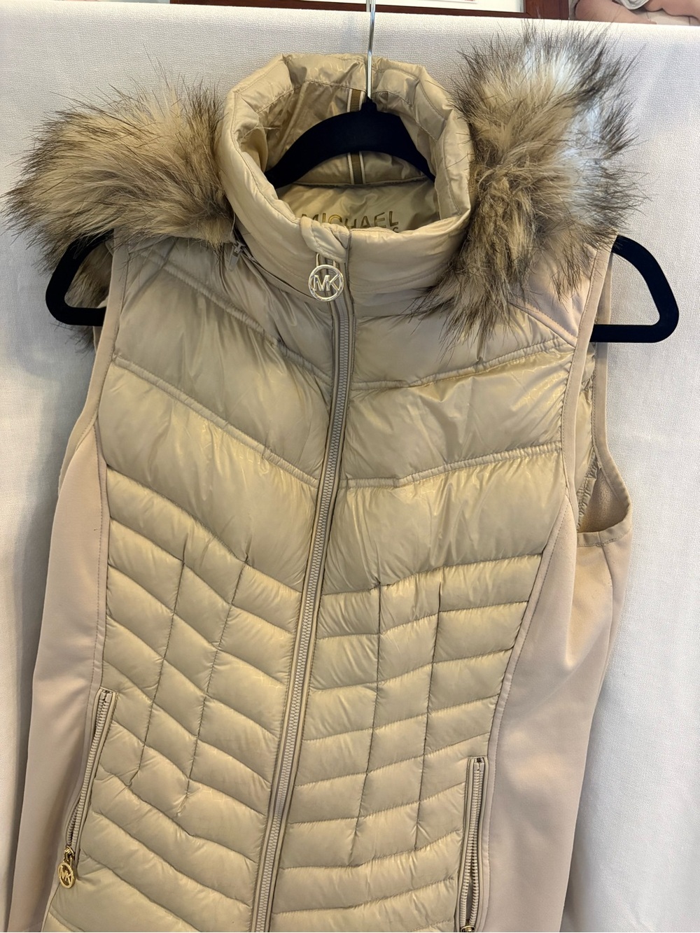 Michael Kors Light Beige Quilted Vest with Faux Fur Hood Trim